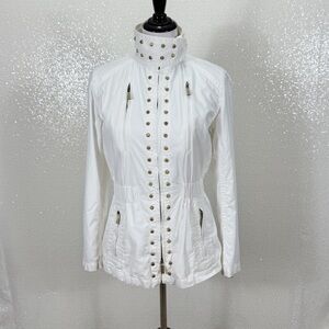 Michael Kors White Military Jacket XS Studded Utility Zip Front Cinched Waist